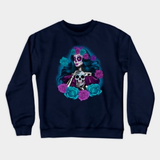 mexican catrina holding a sugar skull with flowers Crewneck Sweatshirt